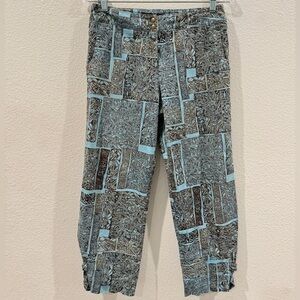 Peruvian Connection Cotton Blend Blue Brown Tiki Hawaiian Cropped Pants Size 6